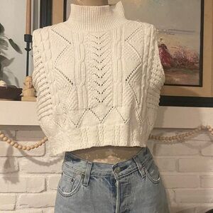 Vintage White Mock Neck Cable Knit Cropped Sweater